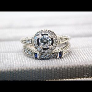 Diamond and Sapphire Wedding Set in 14k White Gold